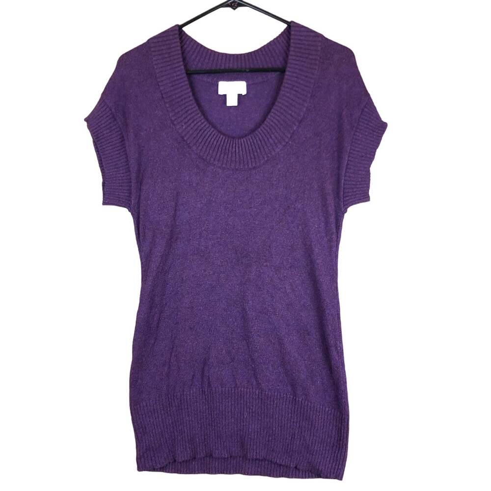 Ann Taylor LOFT Womens Sweater Purple Knit Scoop Neck Short Sleeve Rabbit Hair M